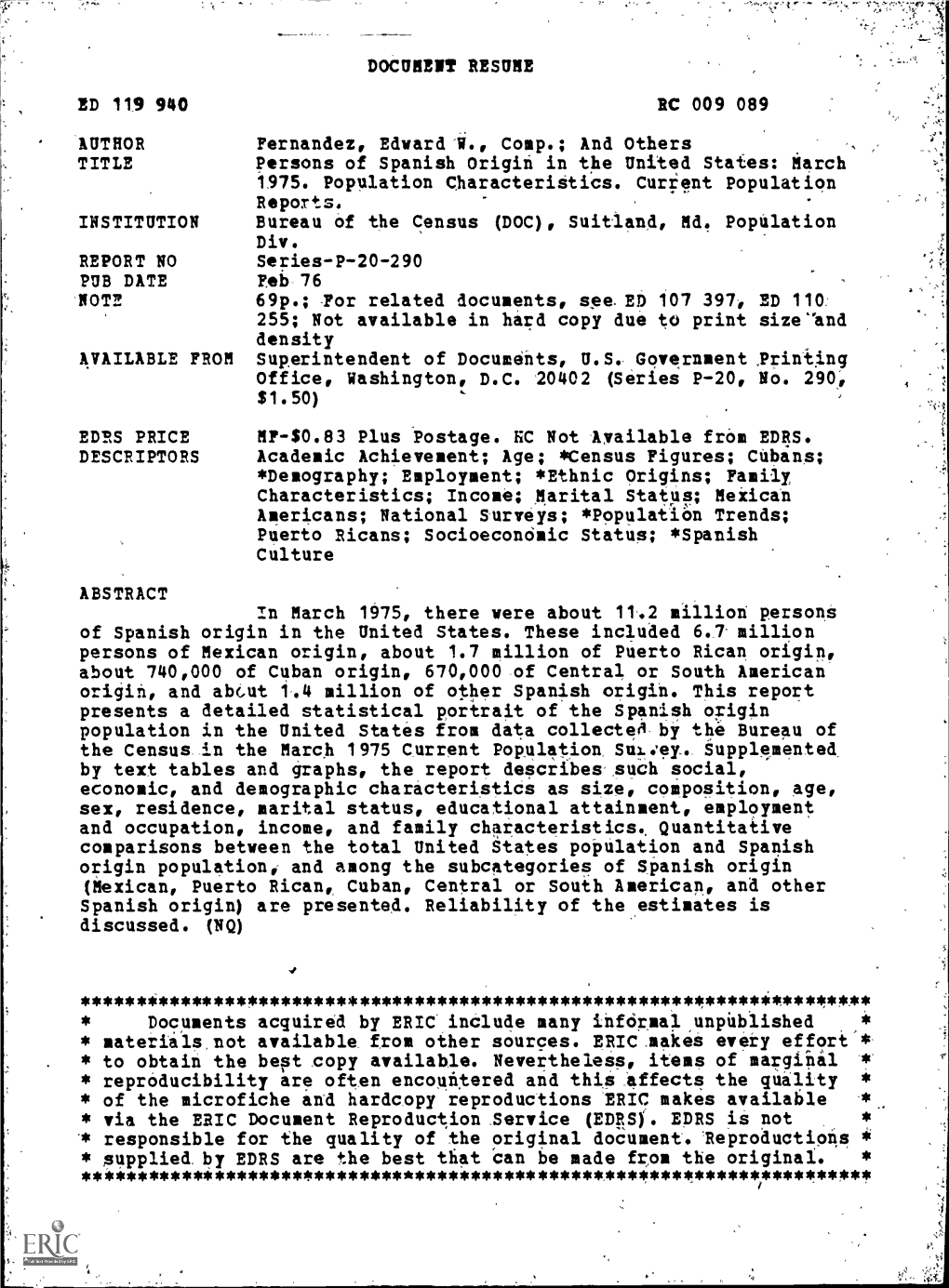 Persons of Spanish Origin in the United States: March 1975