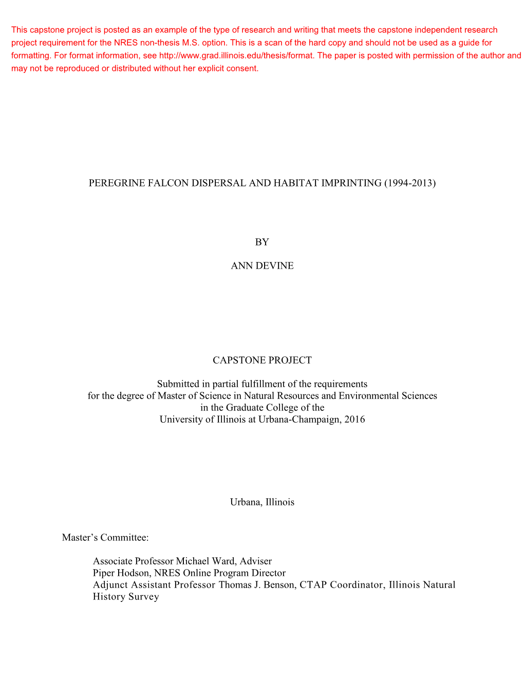 Peregrine Falcon Dispersal and Habitat Imprinting (1994-2013)