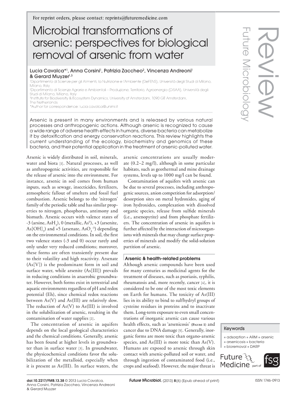 Microbial Transformations of Arsenic: Perspectives for Biological Removal of Arsenic from Water Review Ia Ia Er Er Eobact Eobact
