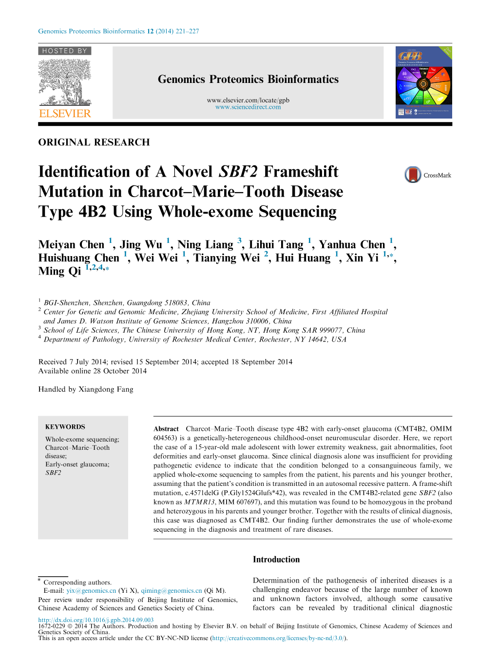 Identification of a Novel SBF2 Frameshift Mutation in Charcot