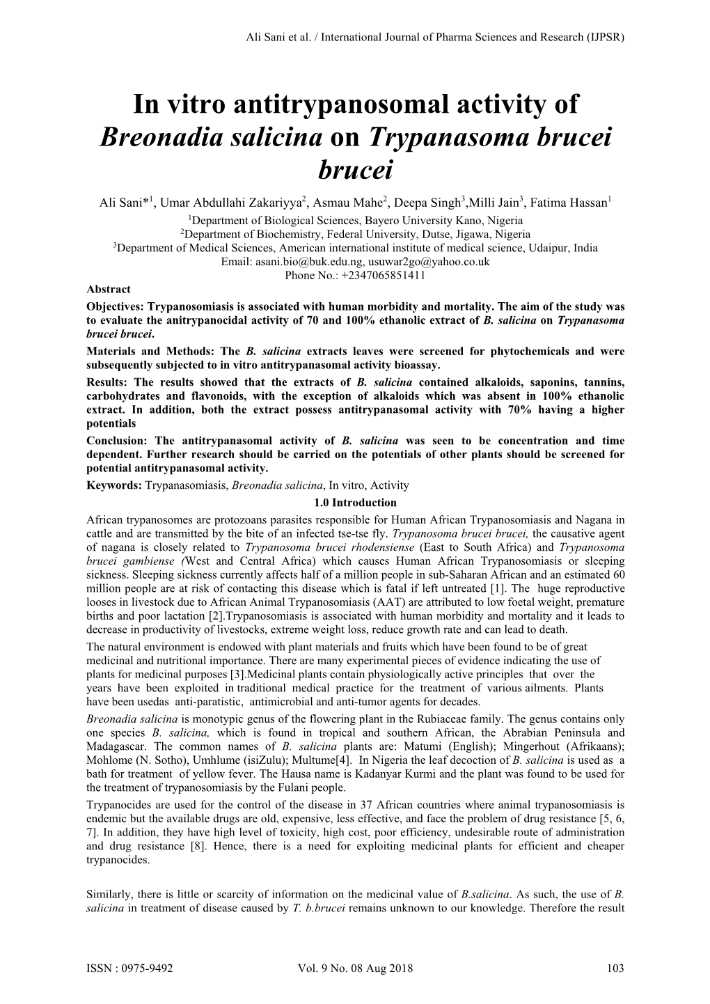 In Vitro Antitrypanosomal Activity of Breonadia Salicina on Trypanasoma Brucei Brucei