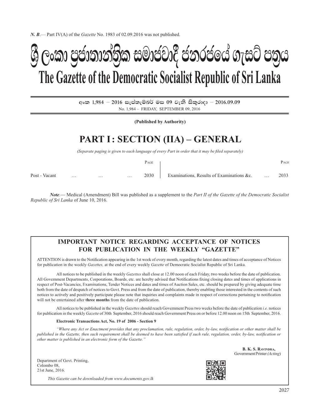 YS% ,Xld M%Cd;Dka;S%L Iudcjd§ Ckrcfha .Eiü M;%H the Gazette of the Democratic Socialist Republic of Sri Lanka