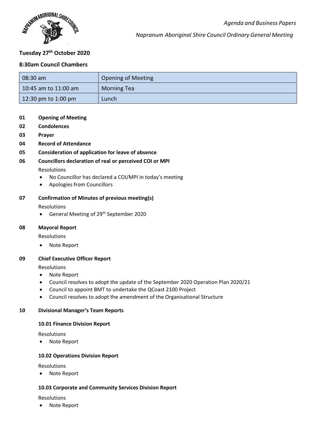 Agenda and Business Papers Napranum Aboriginal Shire Council Ordinary General Meeting Tuesday 27Th October 2020 8:30Am Council C