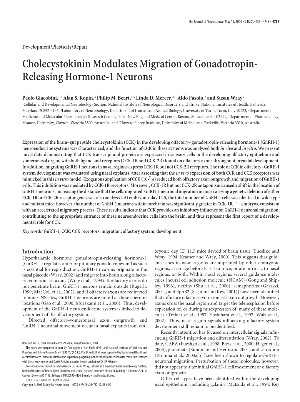 Cholecystokinin Modulates Migration of Gonadotropin- Releasing Hormone-1 Neurons