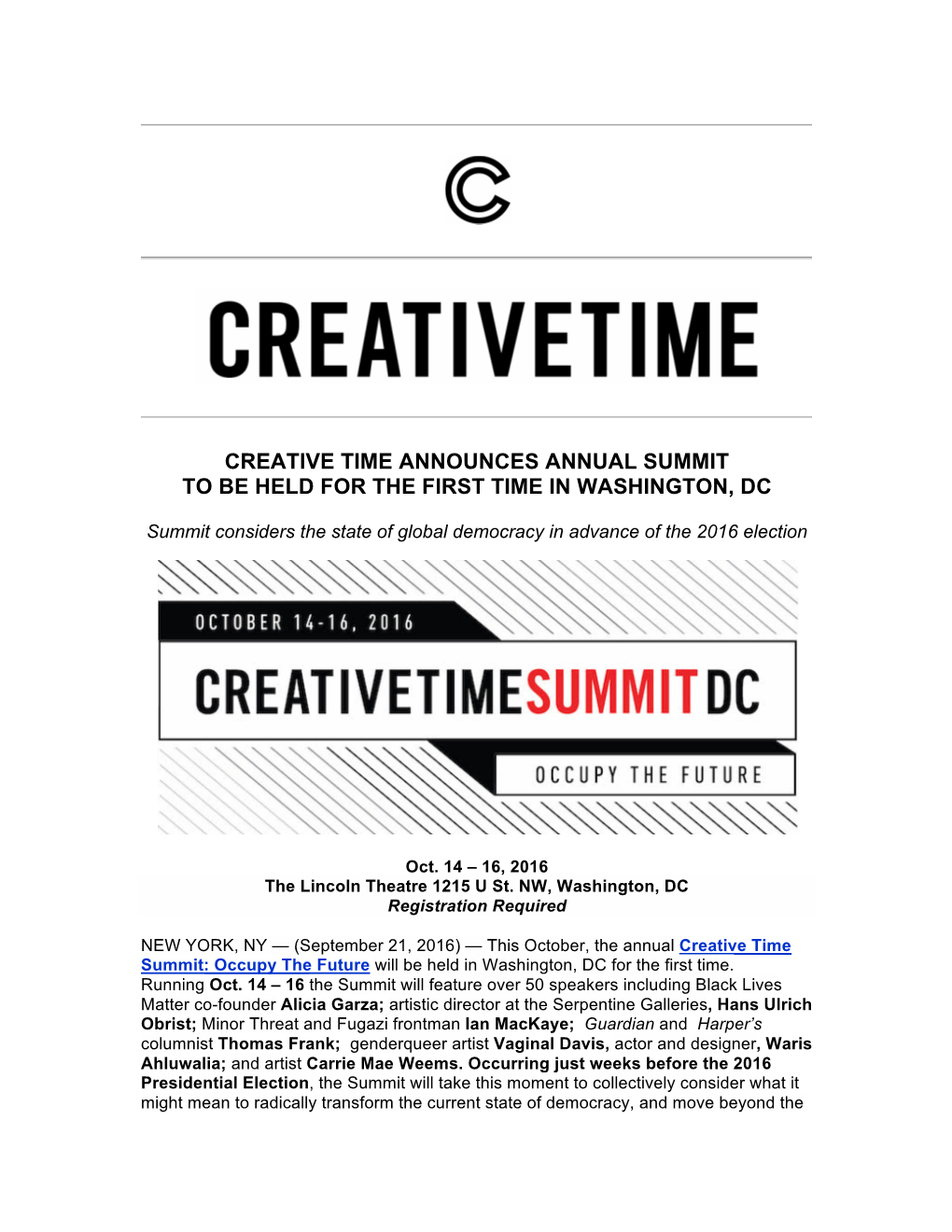 Creative Time Announces Annual Summit to Be Held for the First Time in Washington, Dc