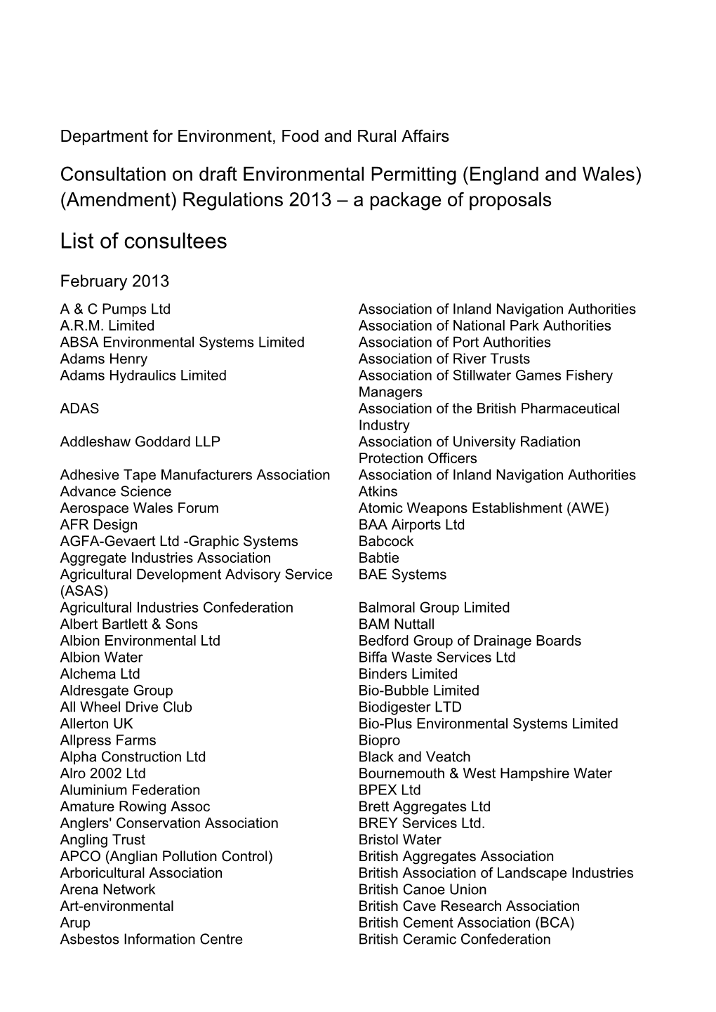 Consultation on Draft Environmental Permitting (England and Wales) (Amendment) Regulations 2013 – a Package of Proposals List of Consultees