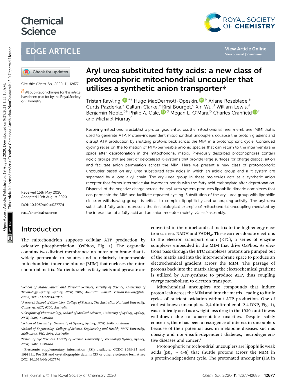 Aryl Urea Substituted Fatty Acids: a New Class of Protonophoric Mitochondrial Uncoupler That Cite This: Chem