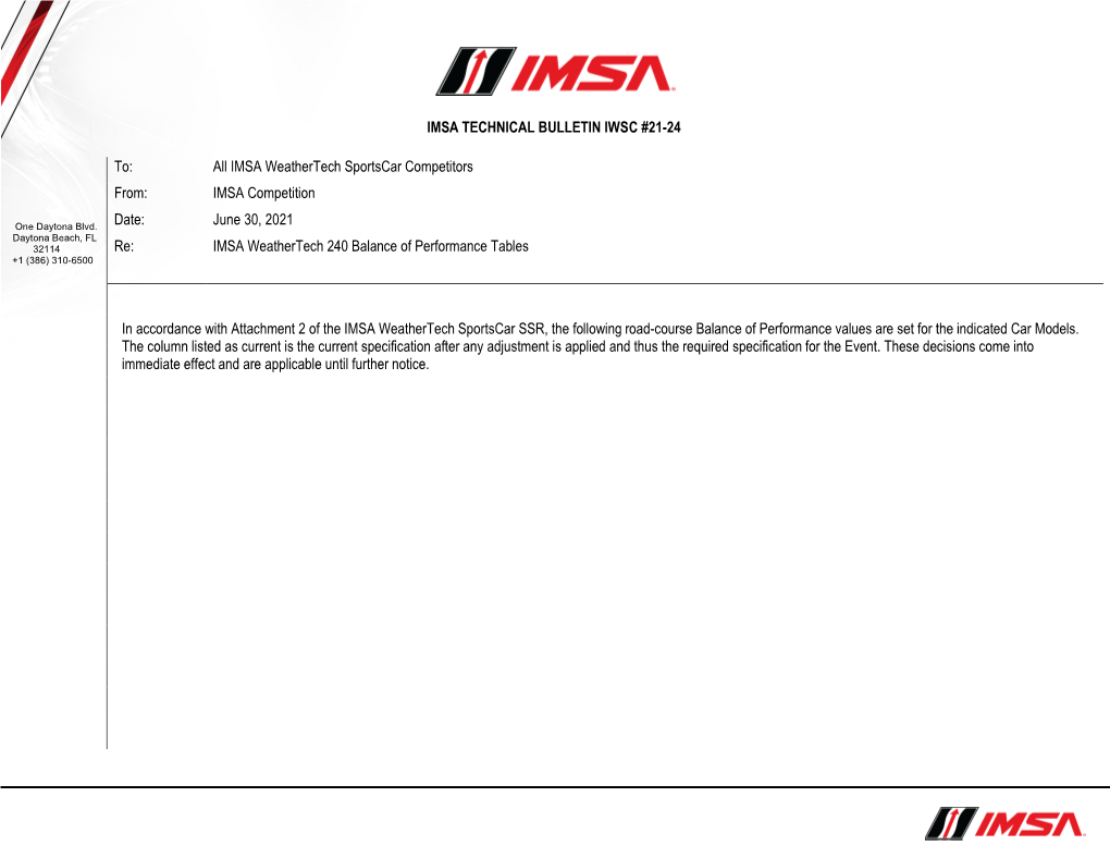 IMSA TECHNICAL BULLETIN IWSC #21-24 To: All IMSA Weathertech Sportscar Competitors From: IMSA Competition Date: June 30, 2021