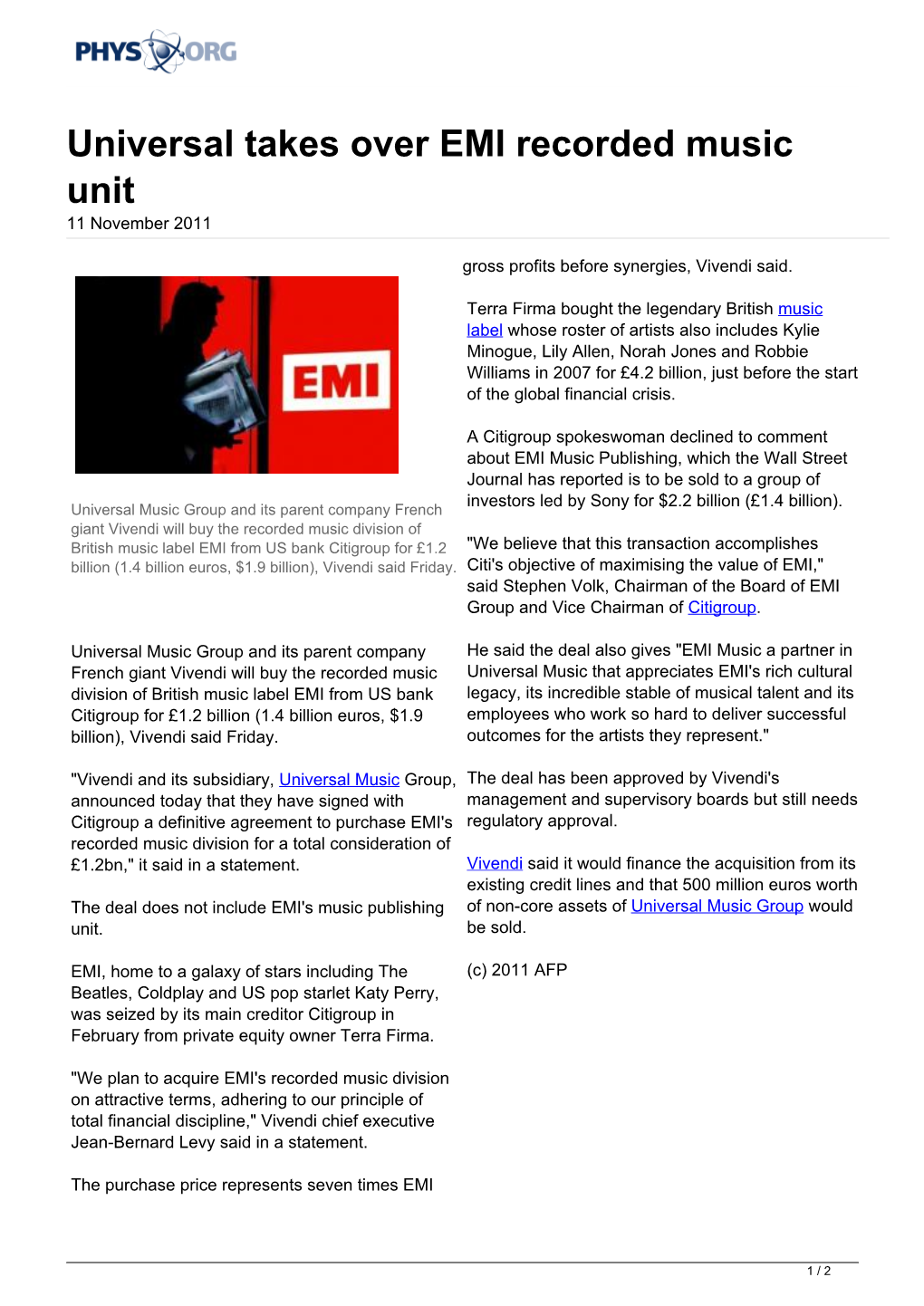 Universal Takes Over EMI Recorded Music Unit 11 November 2011