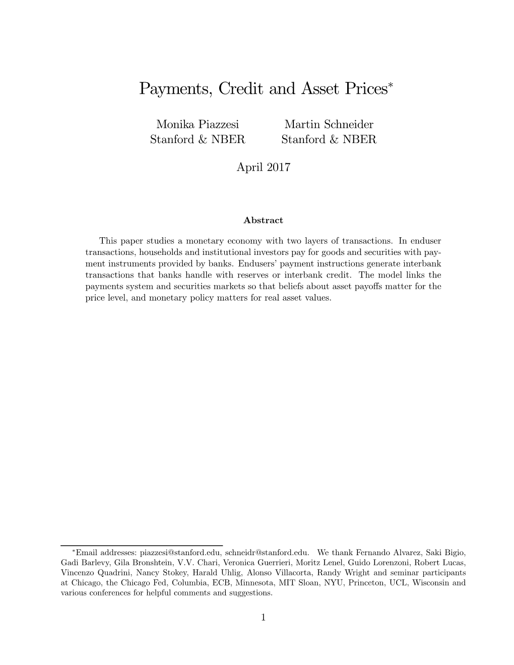 Payments, Credit and Asset Prices∗