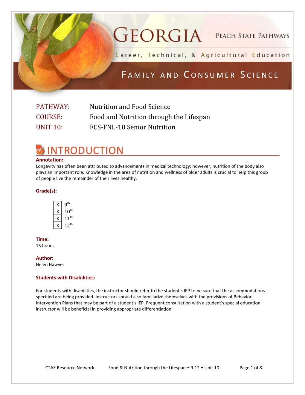 COURSE: Food and Nutrition Through the Lifespan