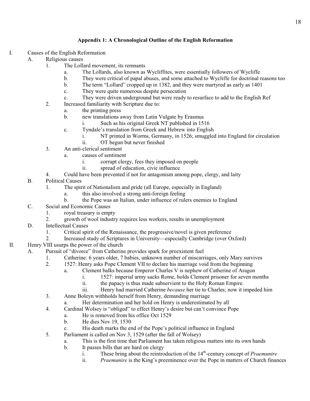 Appendix 1: a Chronological Outline of the English Reformation I