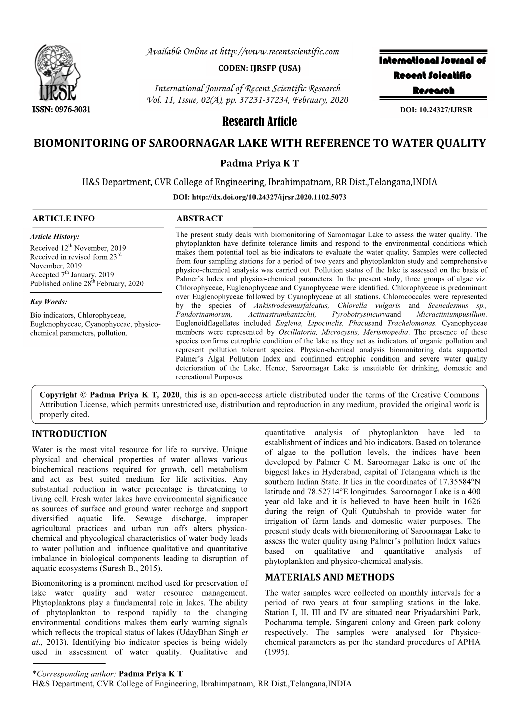Research Article BIOMONITORING of SAROORNAGAR LAKE with REFERENCE to WATER QUALITY