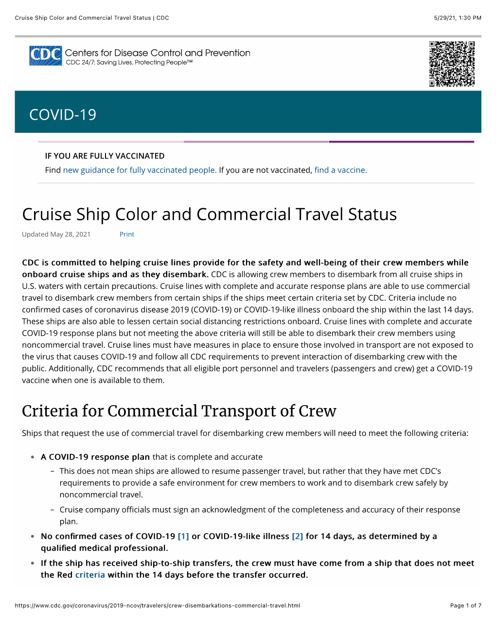Cruise Ship Color and Commercial Travel Status | CDC 5/29/21, 1:30 PM