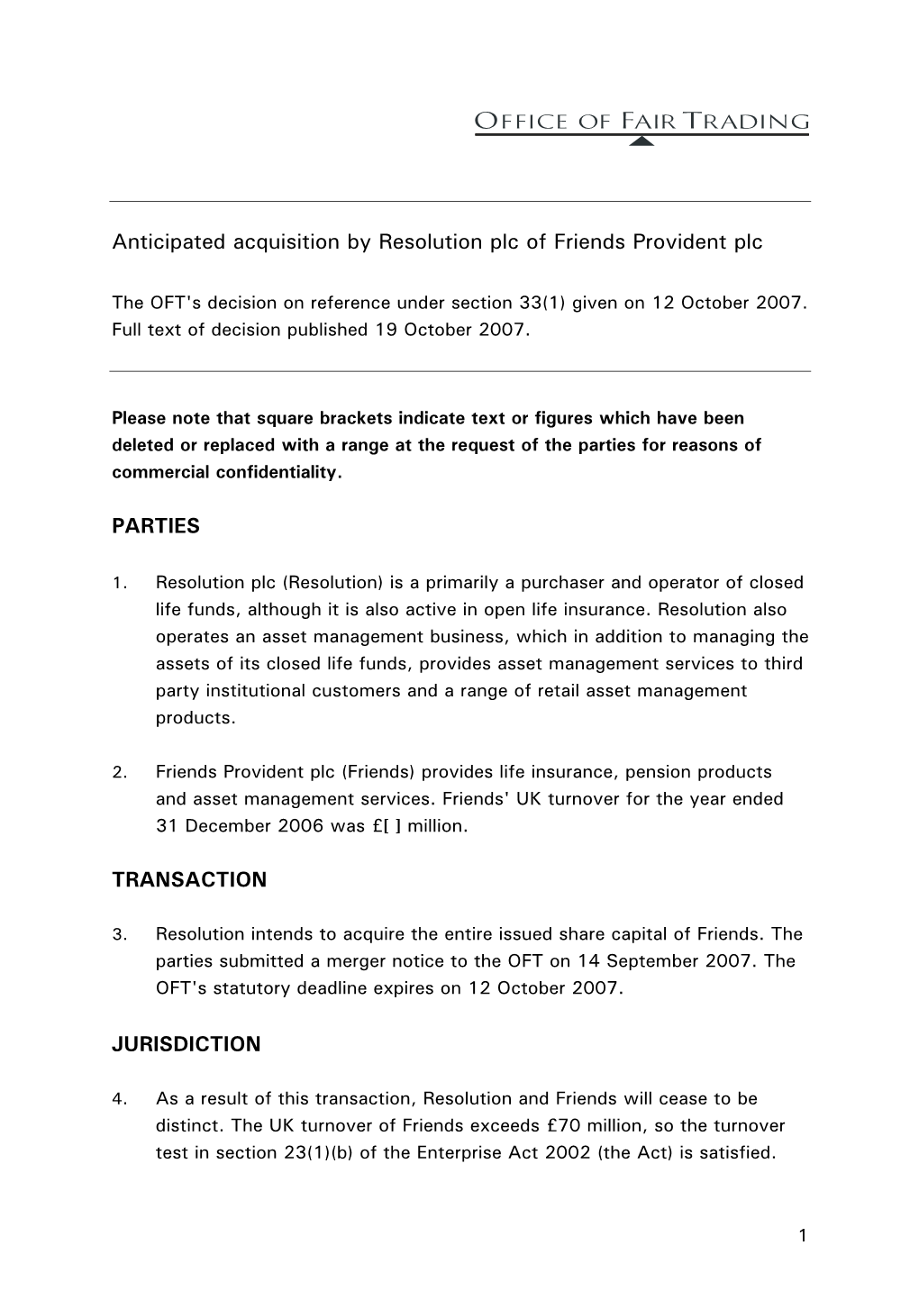 Anticipated Acquisition by Resolution Plc of Friends Provident Plc