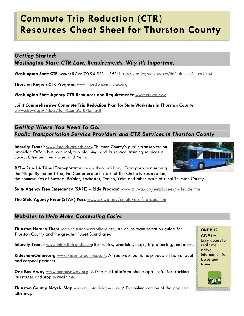Commute Trip Reduction (CTR) Resources Cheat Sheet for Thurston County