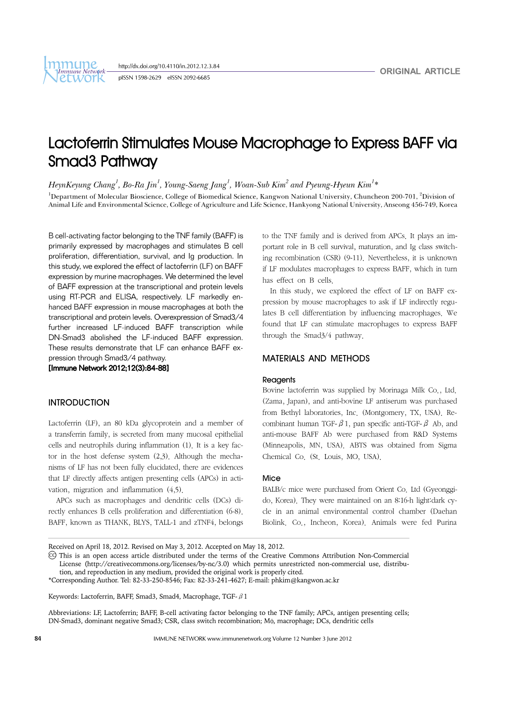 Lactoferrin Stimulates Mouse Macrophage to Express BAFF Via Smad3 Pathway