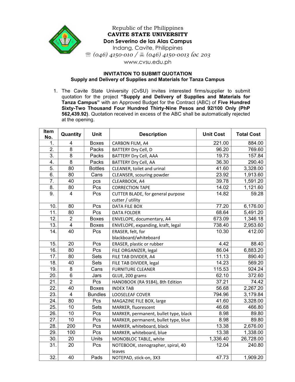 Supply and Delivery of Supplies and Materials for Tanza Campus