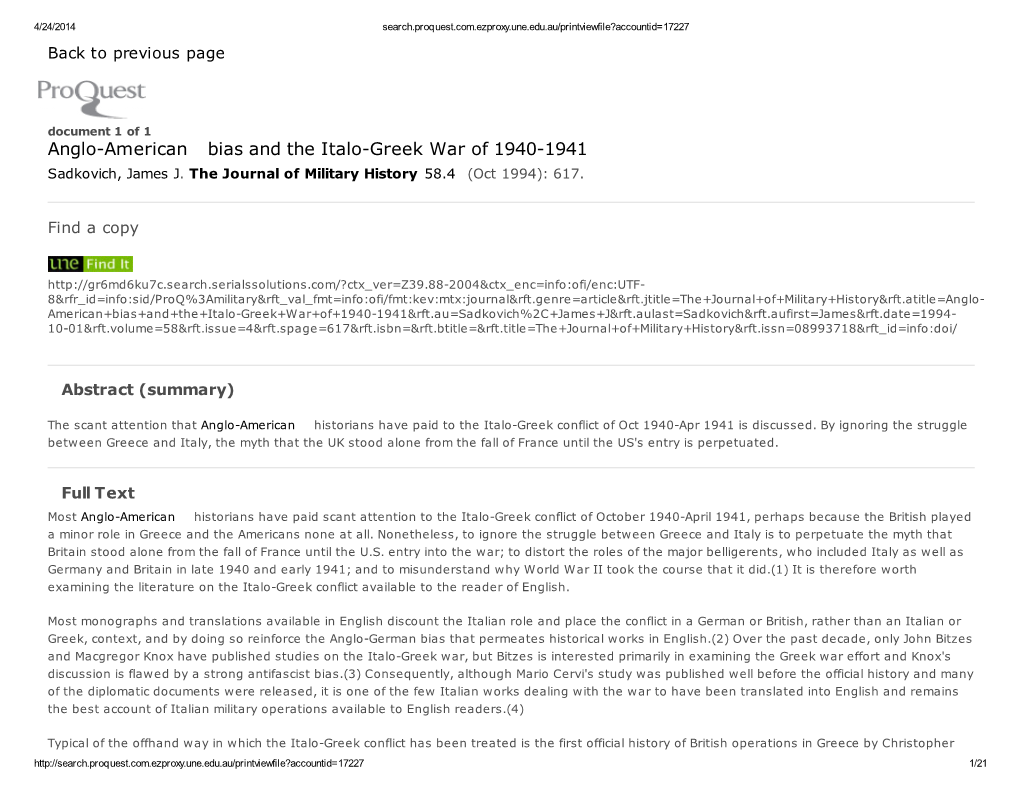 Anglo-American Bias and the Italo-Greek War of 1940-1941 Sadkovich, James J