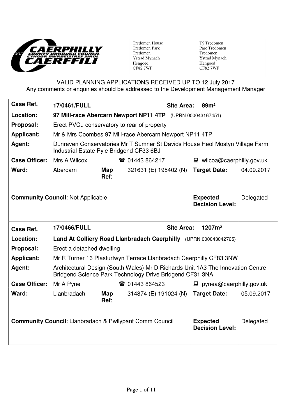 Page 1 of 11 VALID PLANNING APPLICATIONS RECEIVED up TO