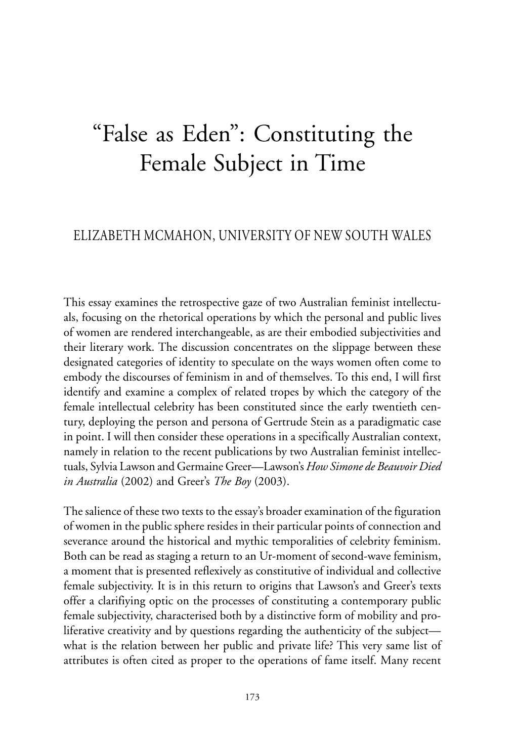 “False As Eden”: Constituting the Female Subject in Time