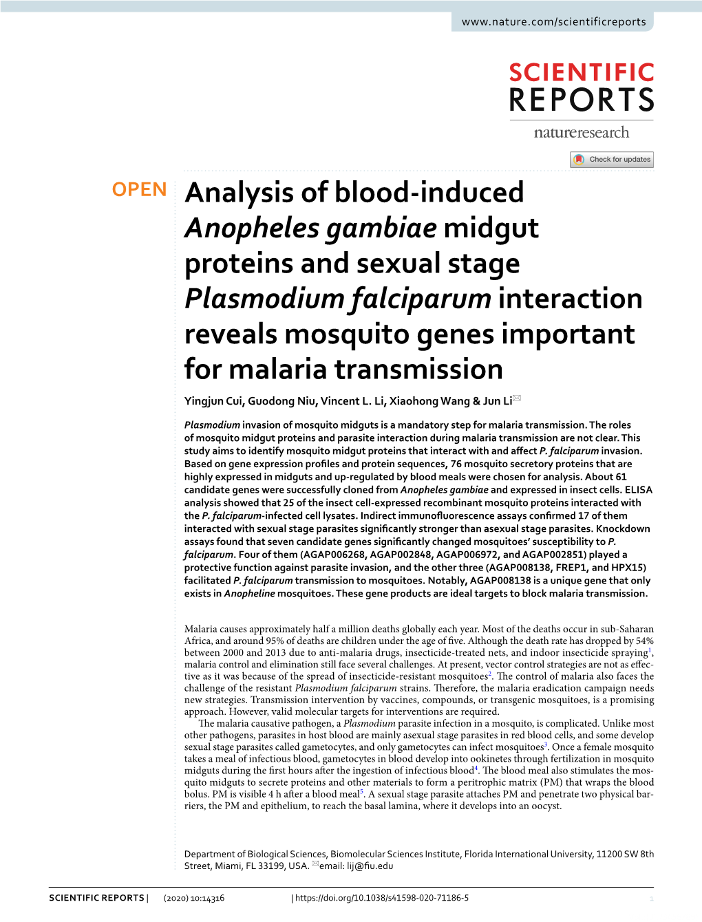 Analysis of Blood-Induced Anopheles Gambiae Midgut Proteins And