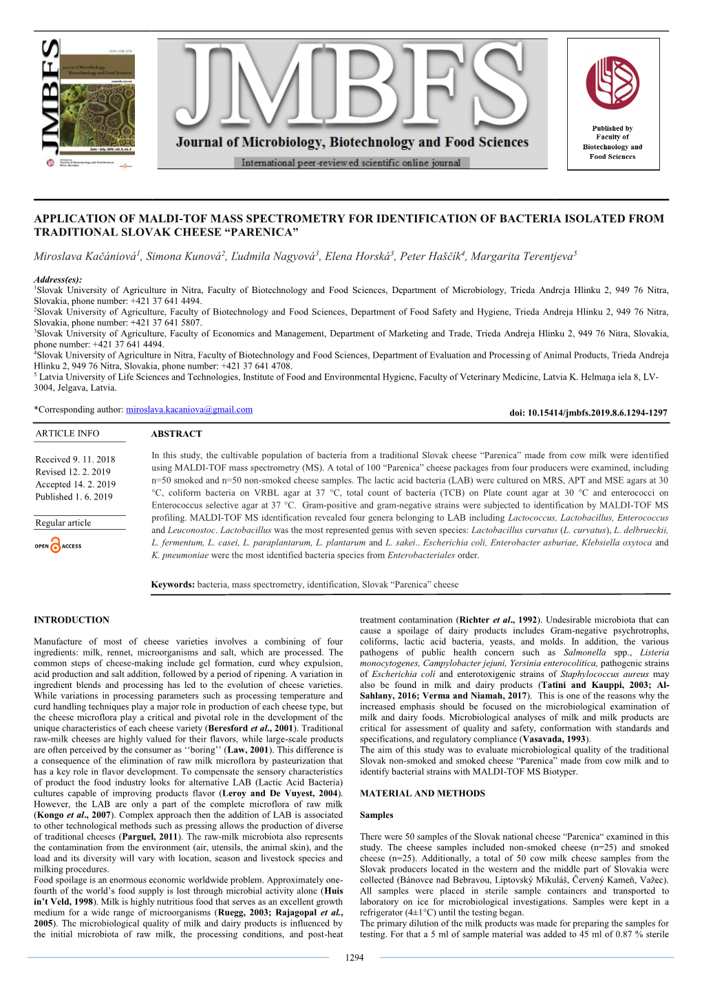 Application of Maldi-Tof Mass Spectrometry for Identification of Bacteria Isolated from Traditional Slovak Cheese “Parenica”