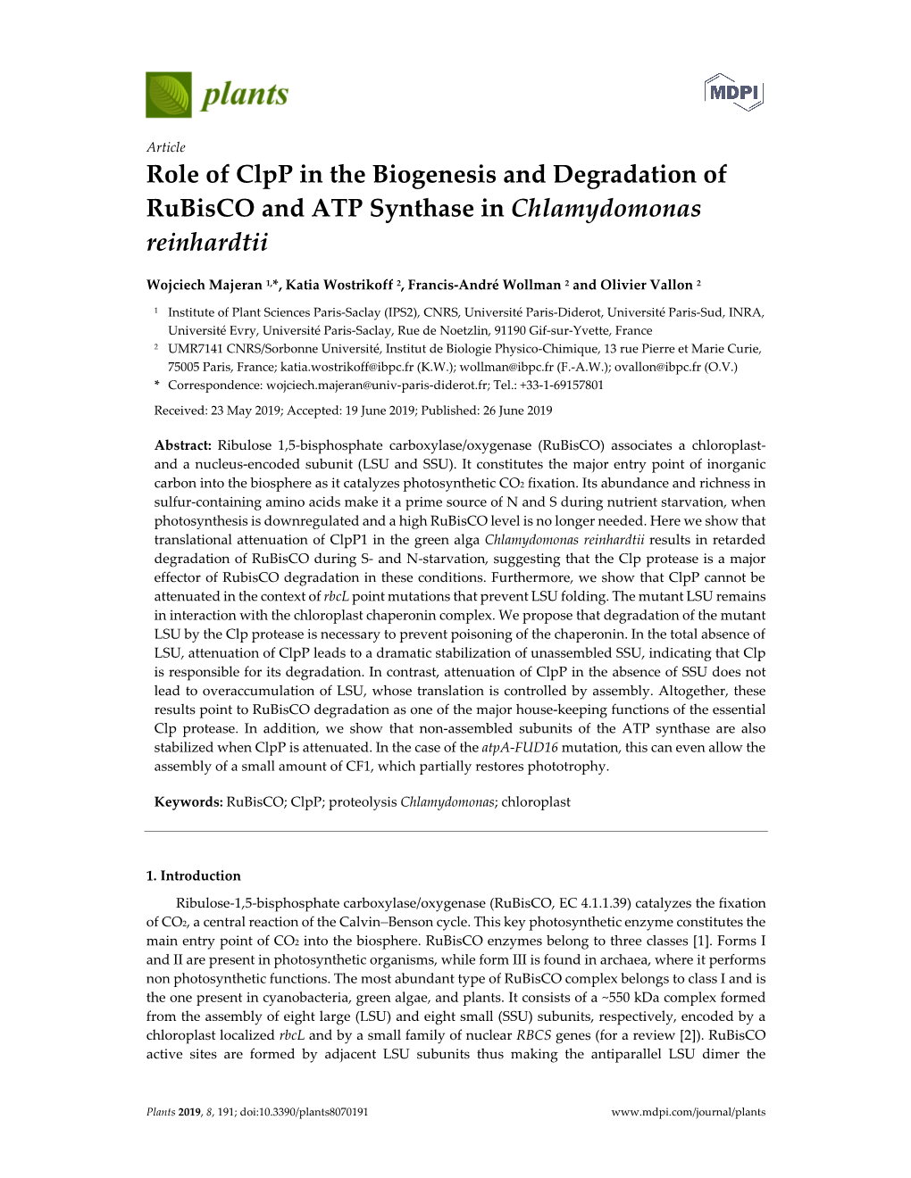 Role of Clpp in the Biogenesis and Degradation of Rubisco and ATP Synthase in Chlamydomonas Reinhardtii