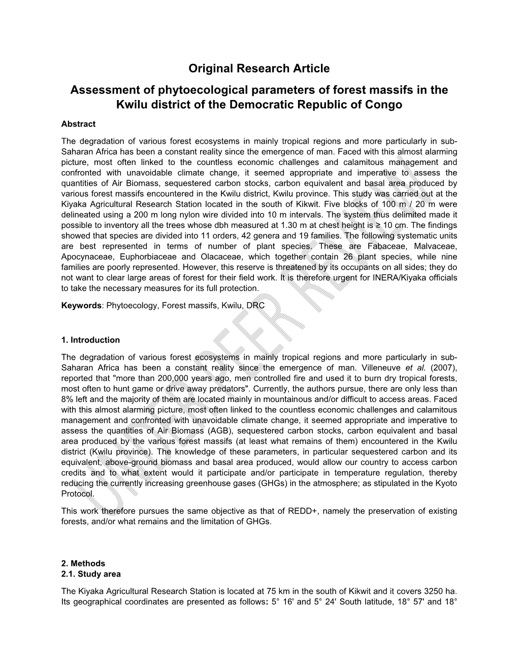 Original Research Article Assessment of Phytoecological Parameters of Forest Massifs in the Kwilu District of the Democratic Republic of Congo