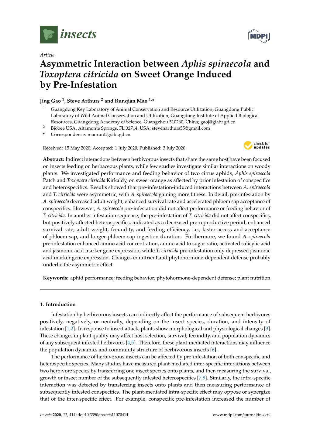 Asymmetric Interaction Between Aphis Spiraecola and Toxoptera Citricida on Sweet Orange Induced by Pre-Infestation