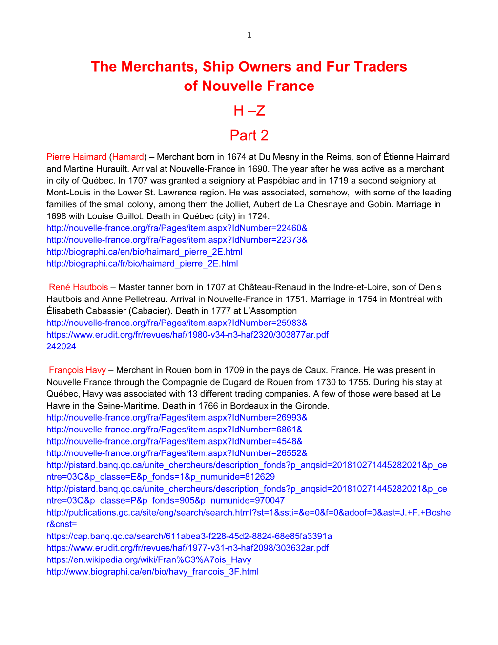 The Merchants, Ship Owners and Fur Traders of Nouvelle France H –Z Part 2