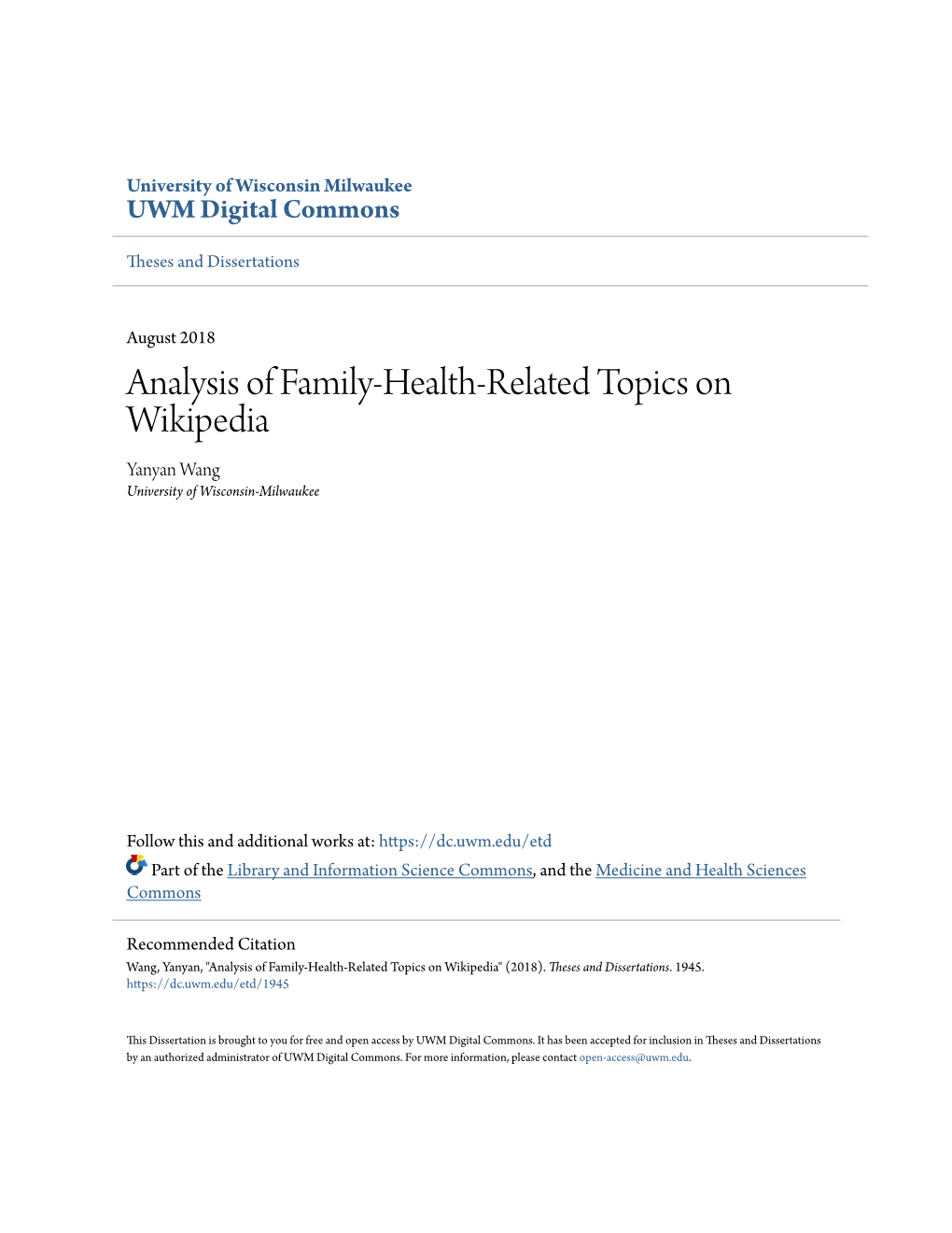 Analysis of Family-Health-Related Topics on Wikipedia Yanyan Wang University of Wisconsin-Milwaukee