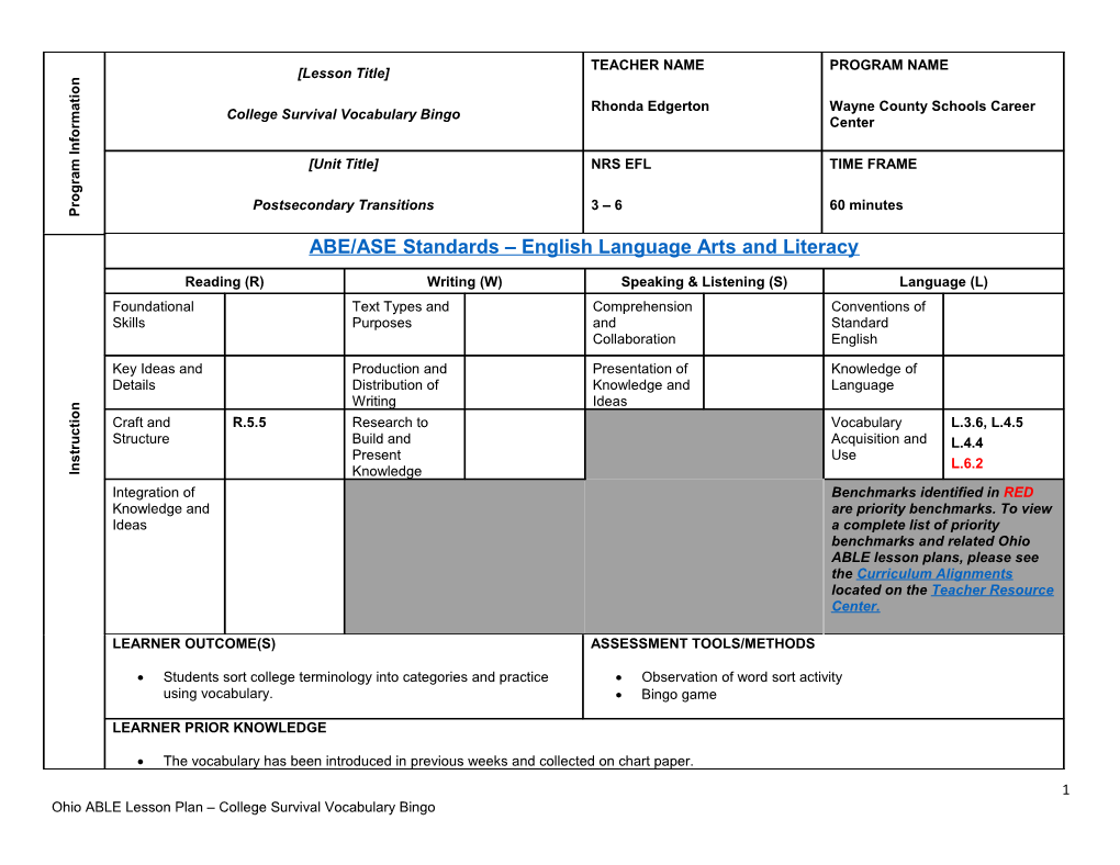 Ohio ABLE Lesson Plan College Survival Vocabulary Bingo