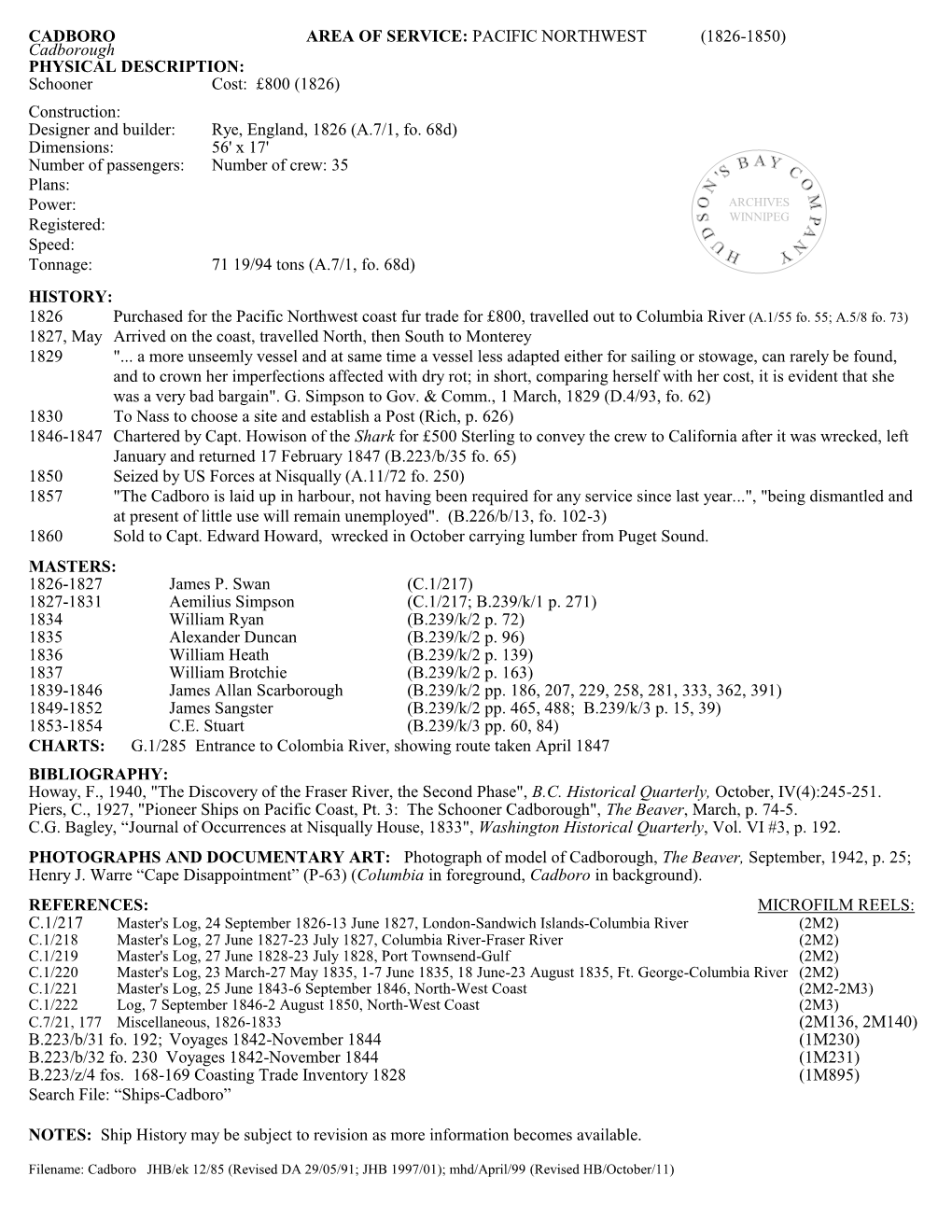 CADBORO AREA of SERVICE: PACIFIC NORTHWEST (1826-1850) Cadborough PHYSICAL DESCRIPTION: Schooner Cost: £800 (1826)
