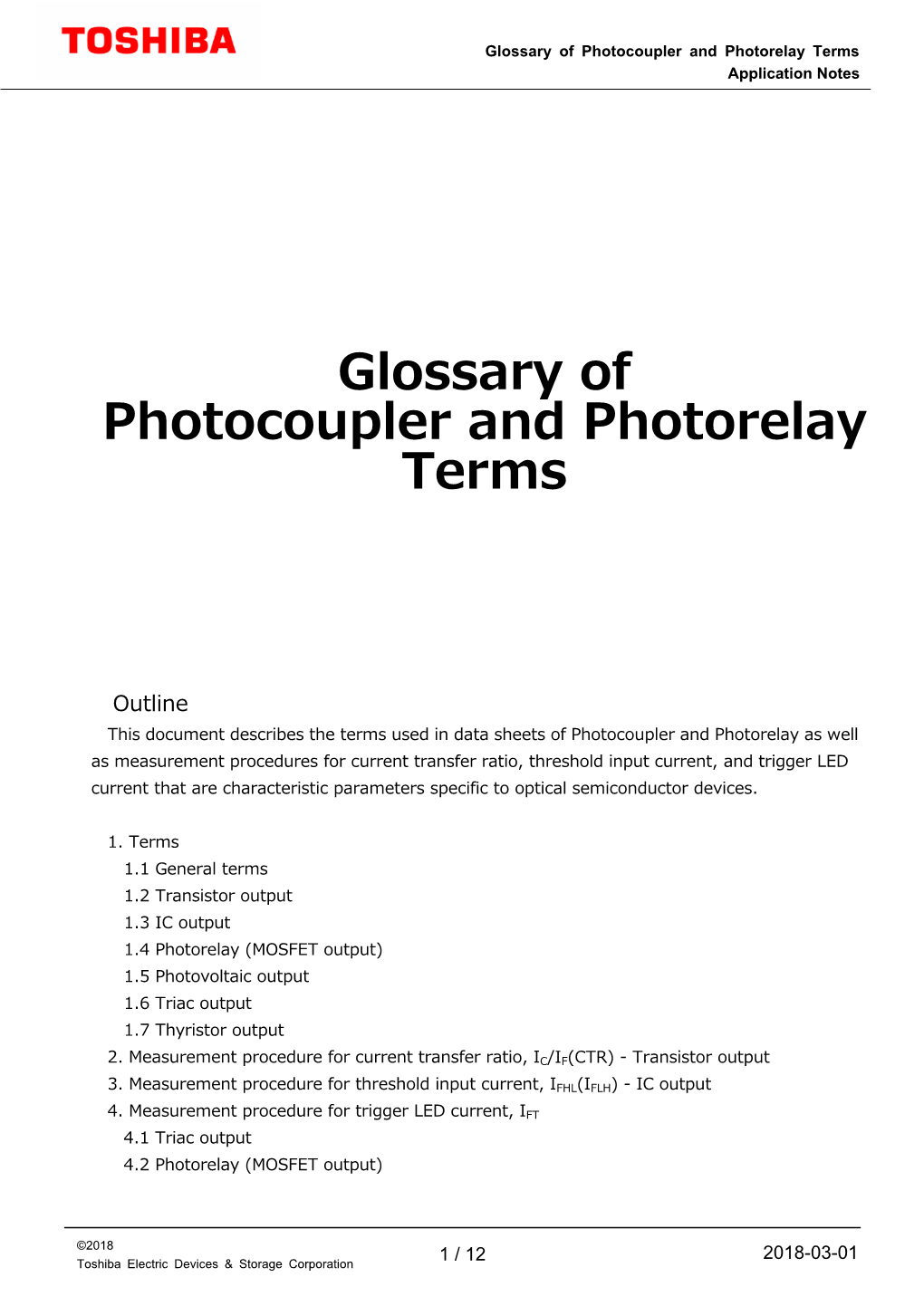 Glossary of Photocoupler and Photorelay Terms Application Notes