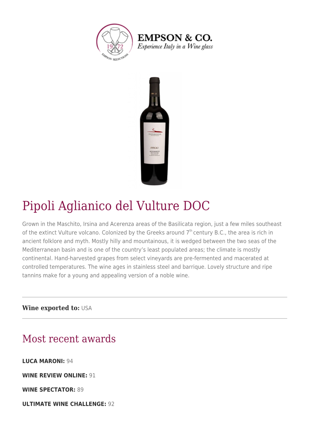 Pipoli Aglianico Del Vulture DOC