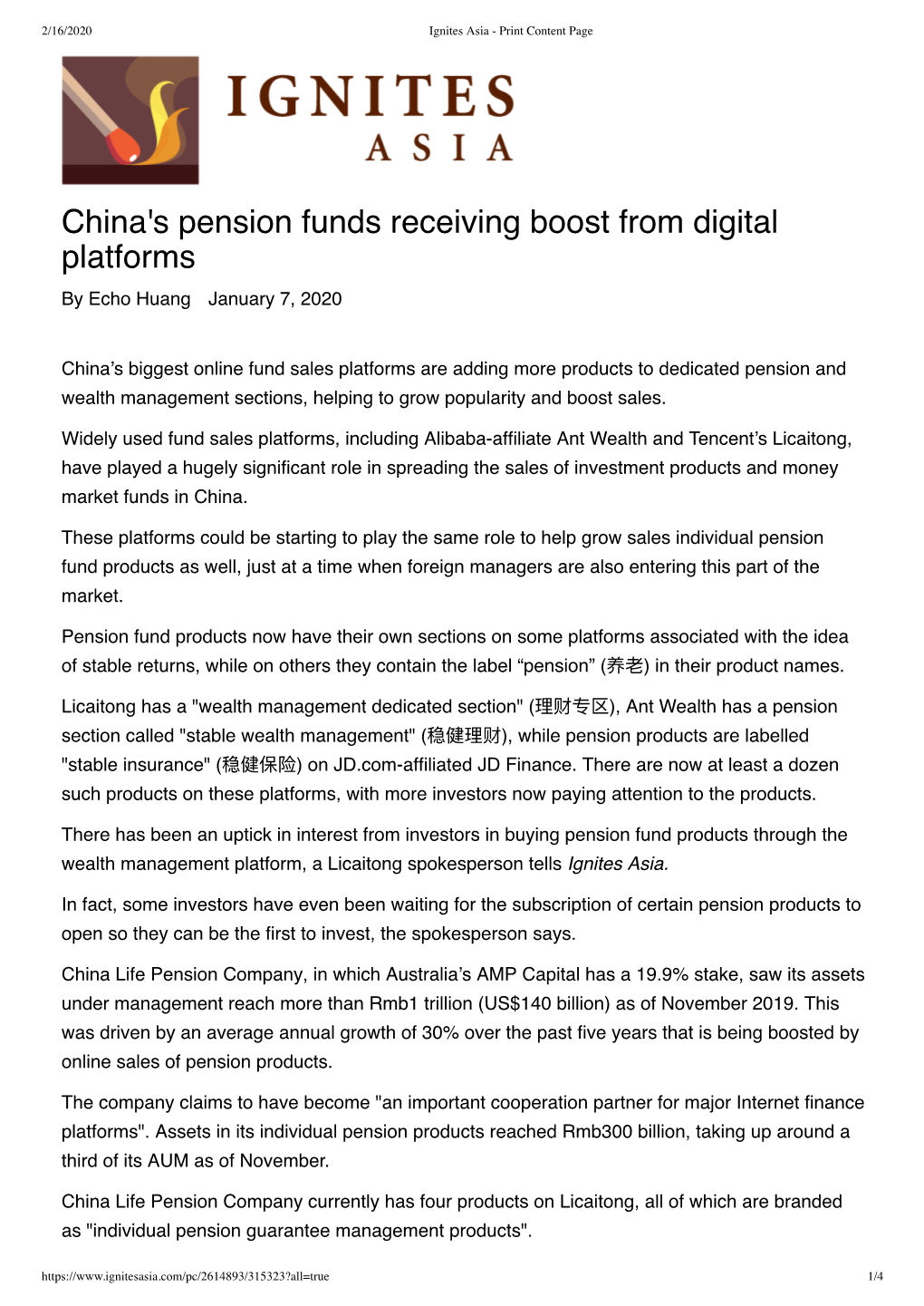 China's Pension Funds Receiving Boost from Digital Platforms by Echo Huang January 7, 2020