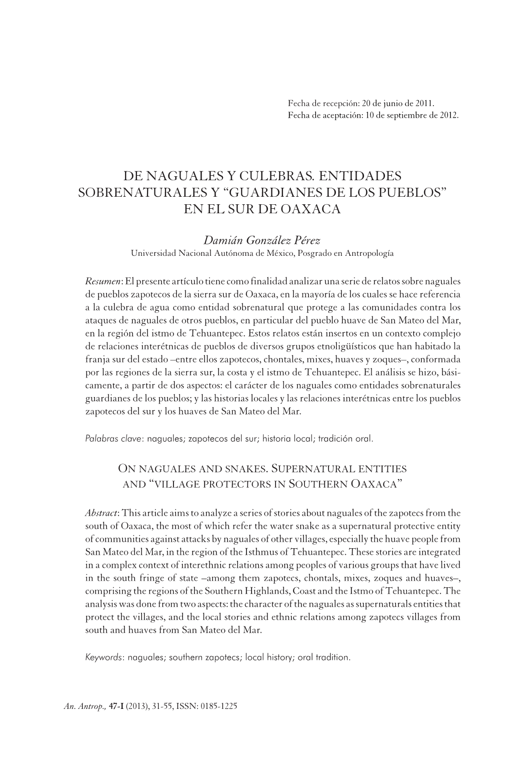 De Naguales Y Culebras. Entidades Sobrenaturales Y “Guardianes De Los Pueblos” En El Sur De Oaxaca