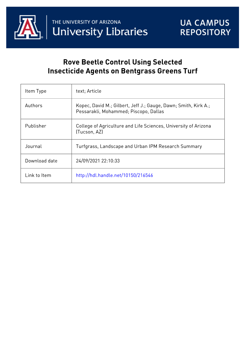 Rove Beetle Control Using Selected Insecticide Agents on Bentgrass Greens Turf