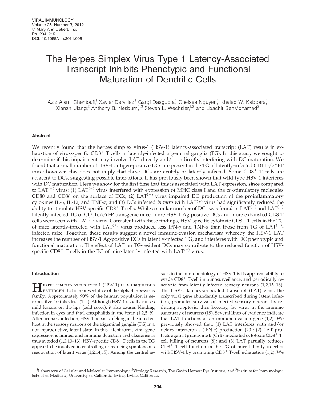 The Herpes Simplex Virus Type 1 Latency-Associated Transcript Inhibits Phenotypic and Functional Maturation of Dendritic Cells