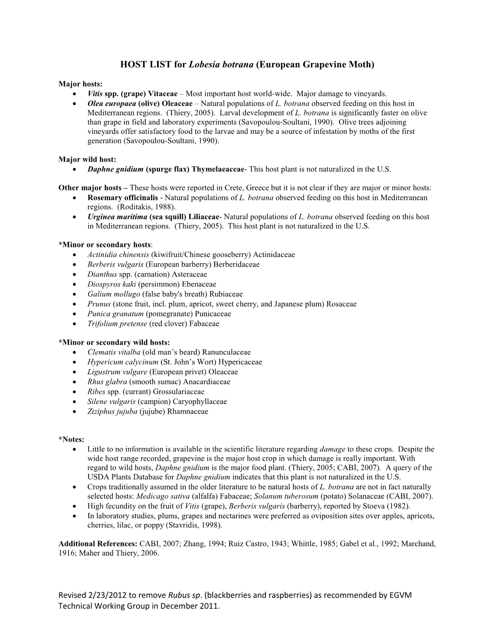 HOST LIST for Lobesia Botrana (European Grapevine Moth)