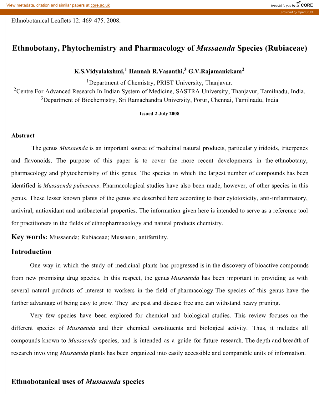 Ethnobotany, Phytochemistry and Pharmacology of Mussaenda Species (Rubiaceae)