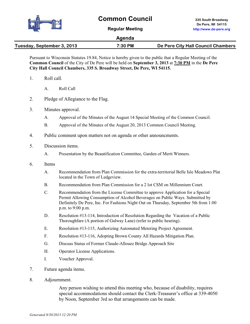 Agenda Tuesday, September 3, 2013 7:30 PM De Pere City Hall Council Chambers