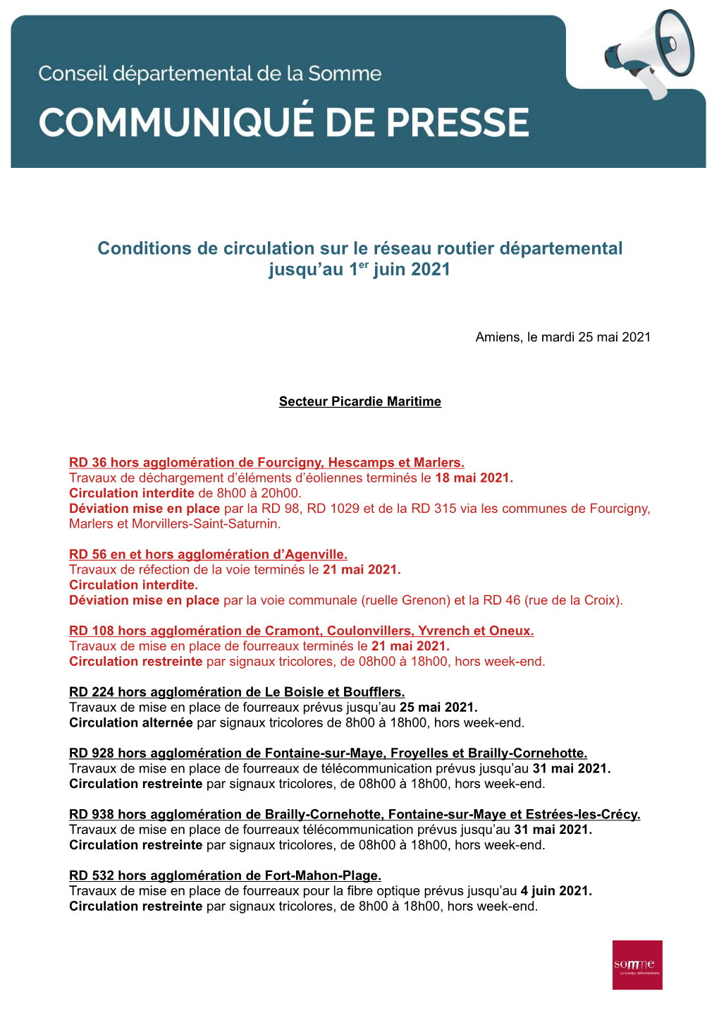 Conditions De Circulation Sur Le Réseau Routier Départemental Jusqu'au 1Er