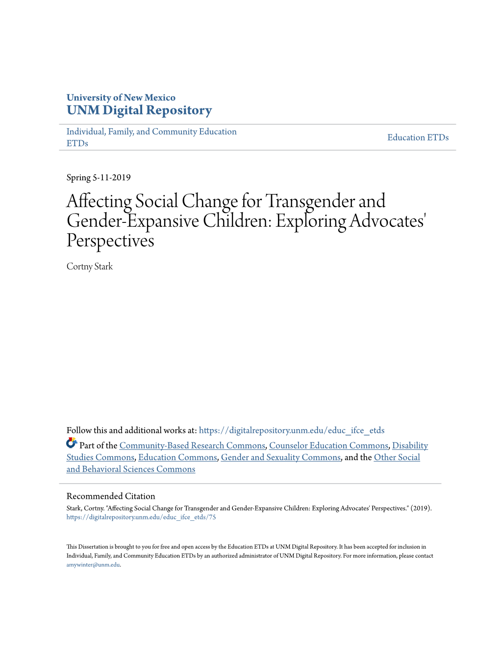 Affecting Social Change for Transgender and Gender-Expansive Children: Exploring Advocates' Perspectives Cortny Stark