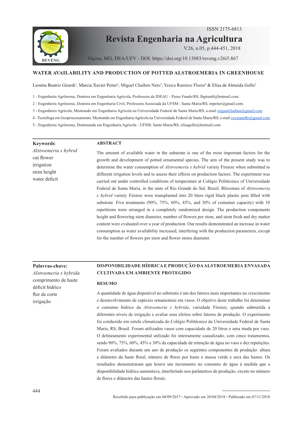 Revista Engenharia Na Agricultura V.26, N.05, P.444-451, 2018 Viçosa, MG, DEA/UFV - DOI