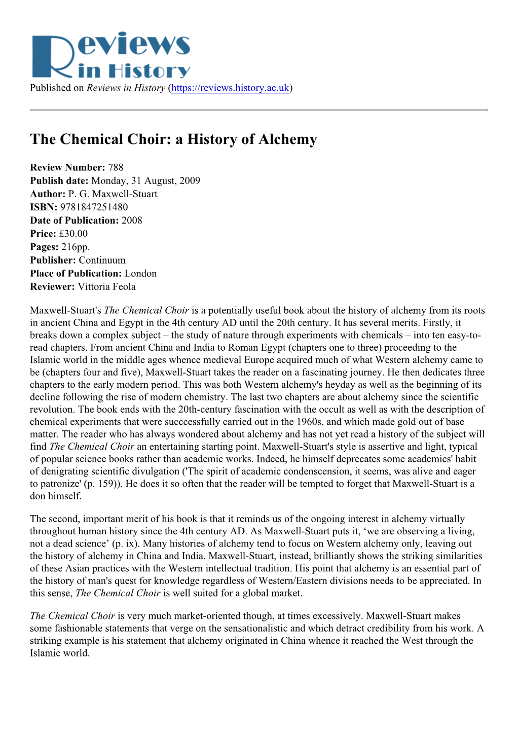 The Chemical Choir: a History of Alchemy