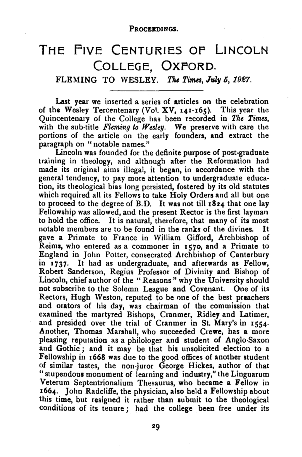 THE Five CENTURIES of LINCOLN COLLEGE, OXFORD. FLEMING to WESLEY