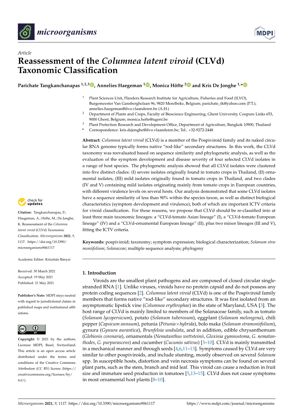 Reassessment of the Columnea Latent Viroid (Clvd) Taxonomic Classification