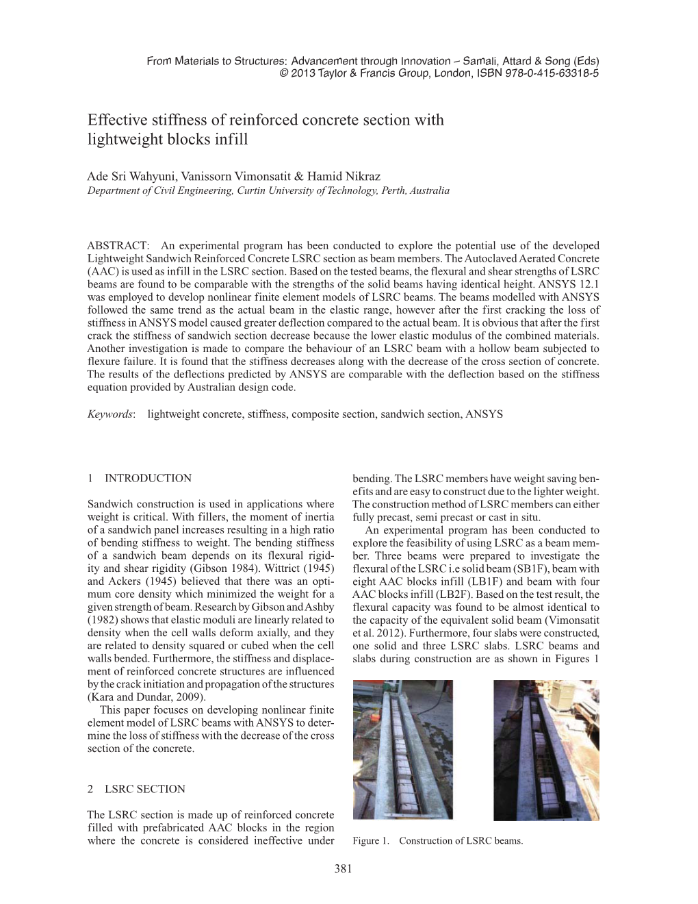 Effective Stiffness of Reinforced Concrete Section with Lightweight Blocks Infill